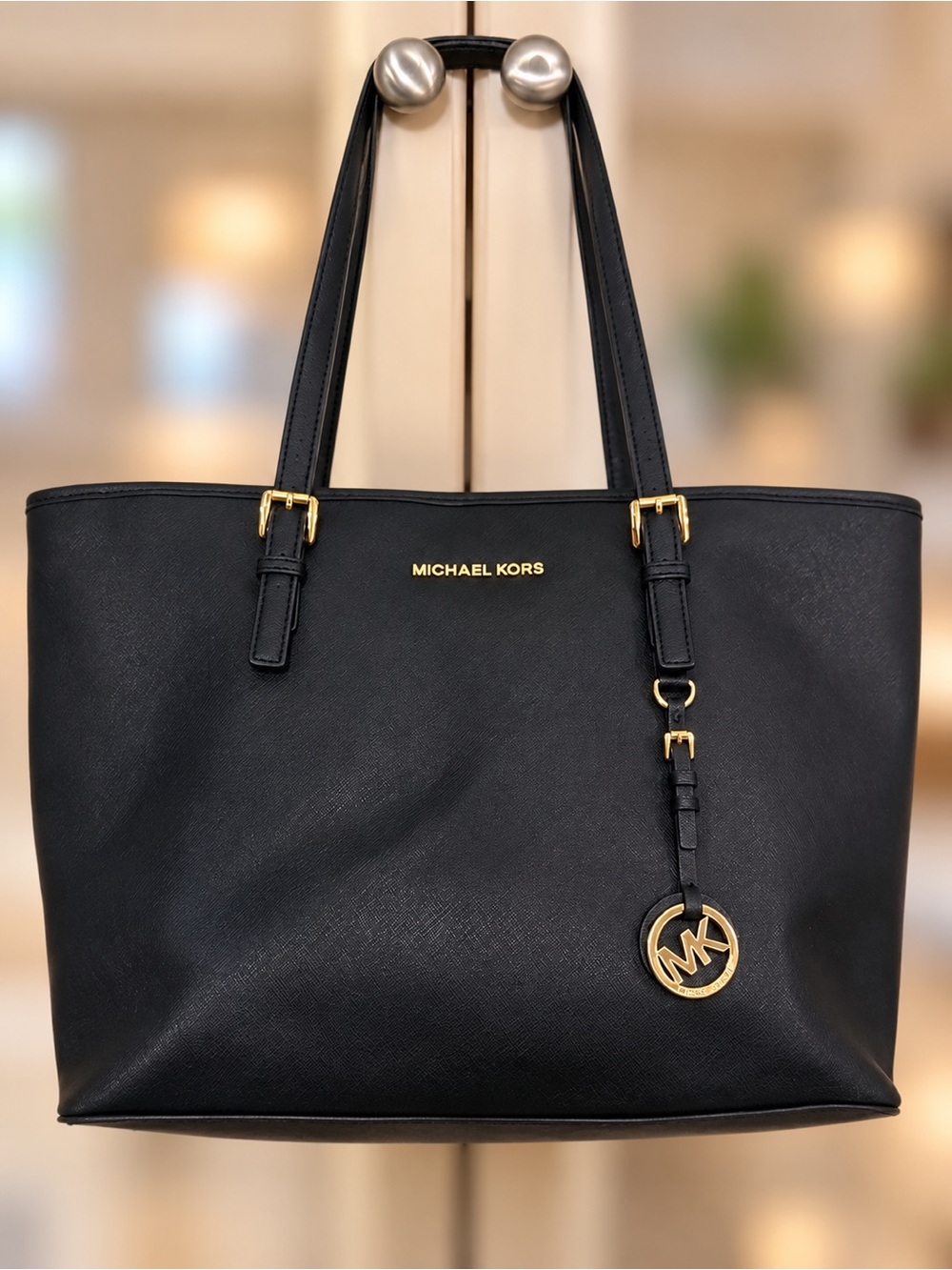 Michael Kors Black Leather Tote with Gold Hardware